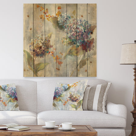 Autumn Hydrangea - Traditional Print on Natural Pine Wood