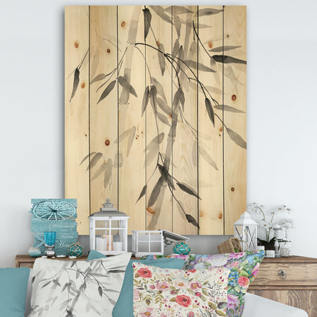 Simplist Bamboo Leaves V - Cabin & Lodge Print on Natural Pine Wood