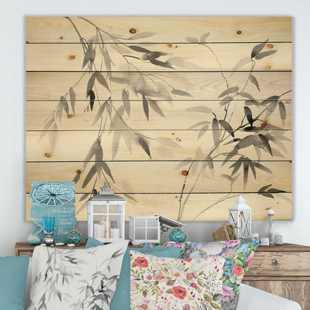 Bamboo Leaves II - Farmhouse Print on Natural Pine Wood