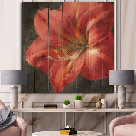 Vivid Red Lily III - Shabby Chic Print on Natural Pine Wood