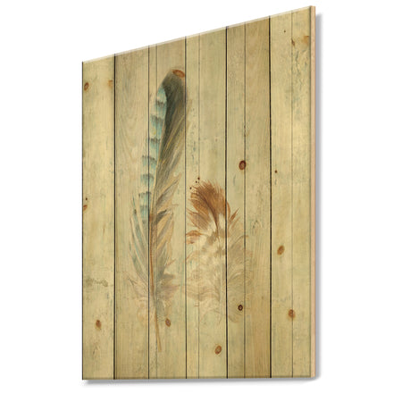 Natural Feathers on Wood I - Farmhouse Print on Natural Pine Wood