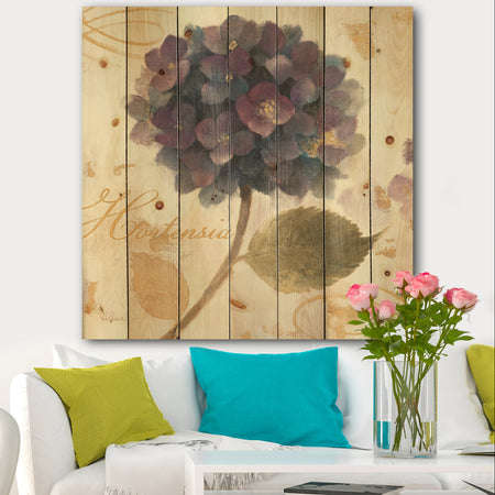 Abundant Hydrangea Flower I - Floral Cottage Print on Natural Pine Wood
