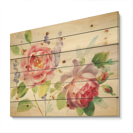 Watercolor Roses Bouqet - Shabby Chic Print on Natural Pine Wood