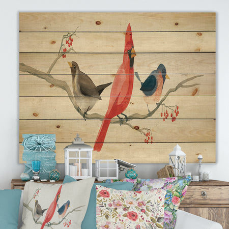 Red Farmhouse Bird on Branch Painting - Modern Farmhouse Print on Natural Pine Wood