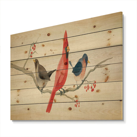 Red Farmhouse Bird on Branch Painting - Modern Farmhouse Print on Natural Pine Wood