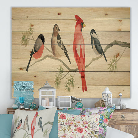 Chickadee And Red Farmhouse Bird on Branch - Modern Farmhouse Print on Natural Pine Wood