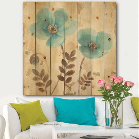 Blue Poppies Cottage Flowers I - Farmhouse Print on Natural Pine Wood