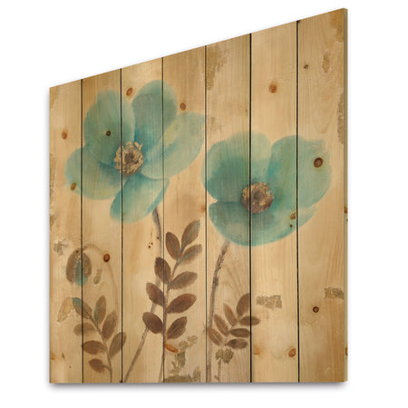 Blue Poppies Cottage Flowers I - Farmhouse Print on Natural Pine Wood