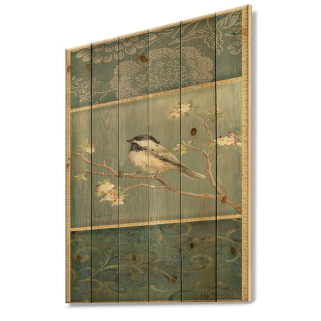 Farmhouse Triptych of Blue Ornaments And Chickadee - Farmhouse Print on Natural Pine Wood