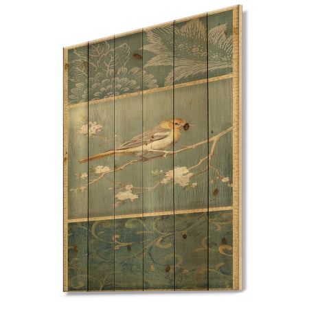 Farmhouse Triptych of Blue Ornaments And Oriole - Farmhouse Print on Natural Pine Wood