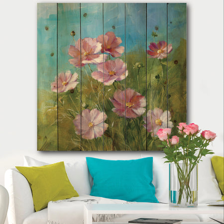 Red Wildflowers on A Green Meadow - Traditional Print on Natural Pine Wood