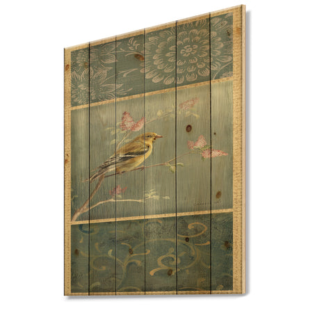 Farmhouse Triptych of Blue Ornaments And Chickadee Goldfinch - Farmhouse Print on Natural Pine Wood