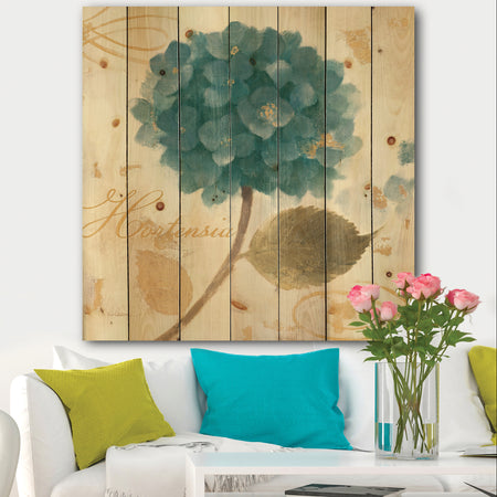 Blue Cottage Flower Hydrangea I - Farmhouse Print on Natural Pine Wood