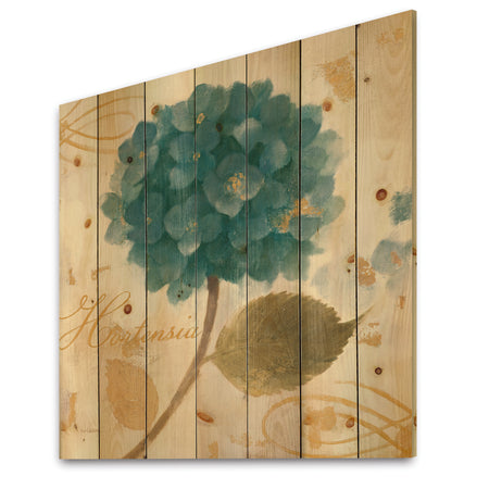Blue Cottage Flower Hydrangea I - Farmhouse Print on Natural Pine Wood