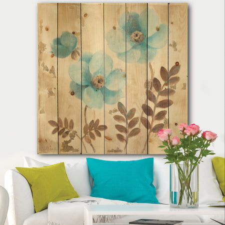 Blue Poppies Cottage Flowers II - Farmhouse Print on Natural Pine Wood