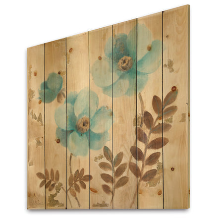 Blue Poppies Cottage Flowers II - Farmhouse Print on Natural Pine Wood