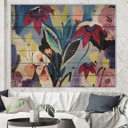 Blue and Purple Flower Composition II - Floral Print on Natural Pine Wood