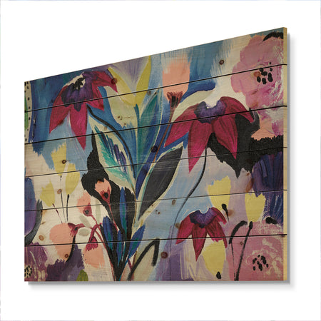 Blue and Purple Flower Composition II - Floral Print on Natural Pine Wood