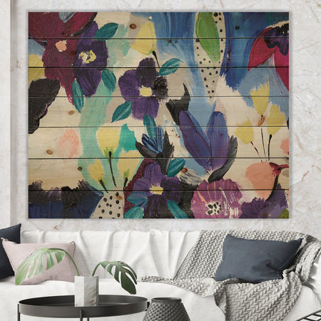 Blue and Purple Flower Composition I - Floral Print on Natural Pine Wood