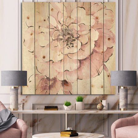 Indigold Shabby Peonies Pink - Farmhouse Print on Natural Pine Wood
