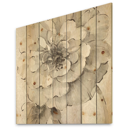Indigold Grey Peonies I - Farmhouse Print on Natural Pine Wood