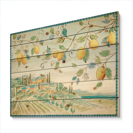 Mediterranean Village Field I - Traditional Print on Natural Pine Wood