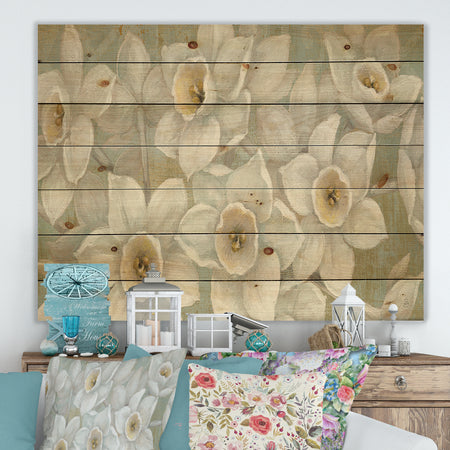 Pure Pastel White flowers - Farmhouse Print on Natural Pine Wood