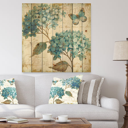 butterfly Blue Garden I - Farmhouse Print on Natural Pine Wood