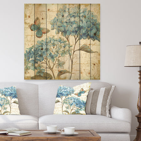 butterfly Blue Garden II - Farmhouse Print on Natural Pine Wood