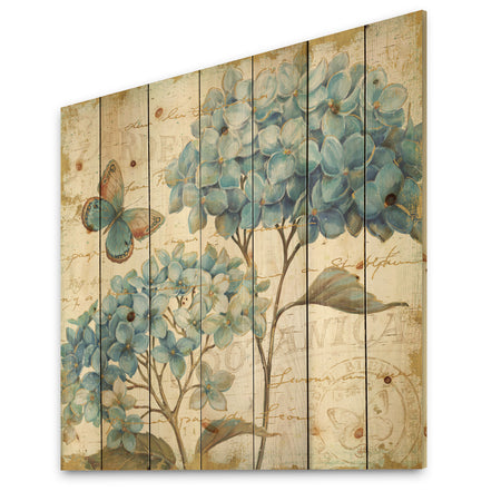 butterfly Blue Garden II - Farmhouse Print on Natural Pine Wood