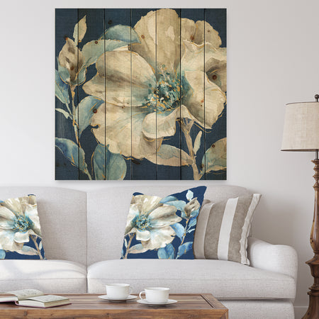 Indigold Watercolor Flower I - Farmhouse Print on Natural Pine Wood