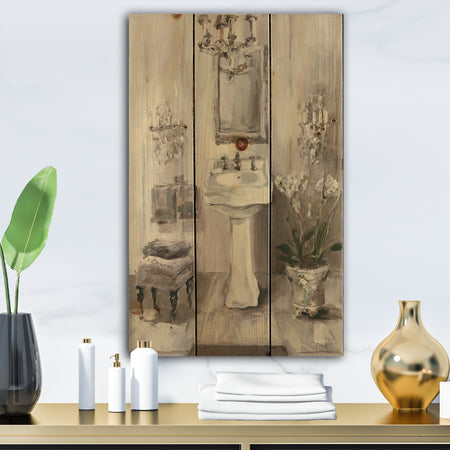French Bathroom Vintage II - Traditional Bathroom Print on Natural Pine Wood