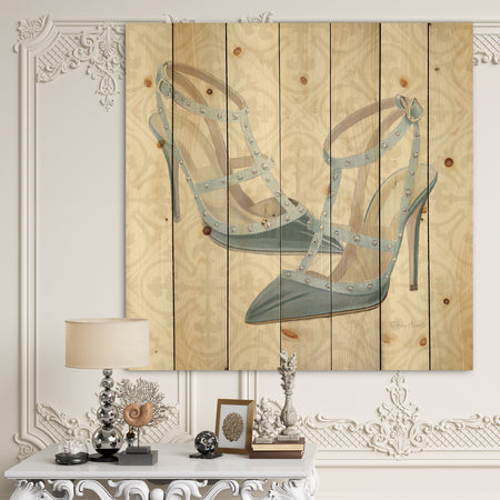 Glam cosmetics Blue Shoes - Fashion Print on Natural Pine Wood