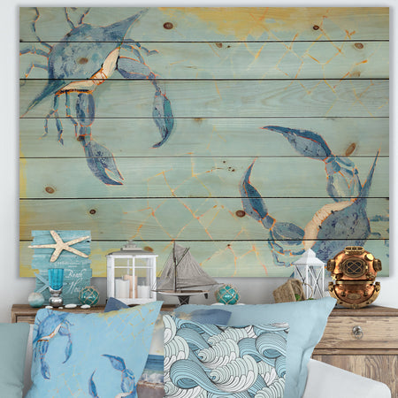 Blue Coastal crab Battle - Nautical & Coastal Print on Natural Pine Wood