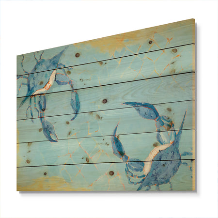 Blue Coastal crab Battle - Nautical & Coastal Print on Natural Pine Wood