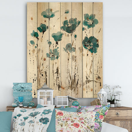 Fields of Turquoise Watercolor Flower I - Traditional Print on Natural Pine Wood