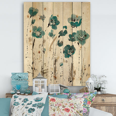 Fields of Turquoise Watercolor Flower II - Traditional Print on Natural Pine Wood
