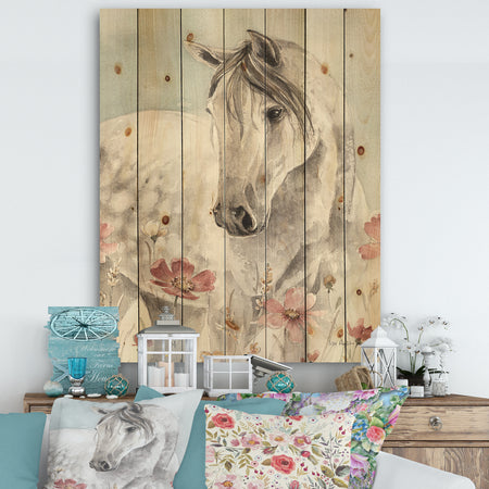 watercolors Pink Wild Horses II - Farmhouse Print on Natural Pine Wood