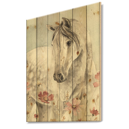 watercolors Pink Wild Horses II - Farmhouse Print on Natural Pine Wood