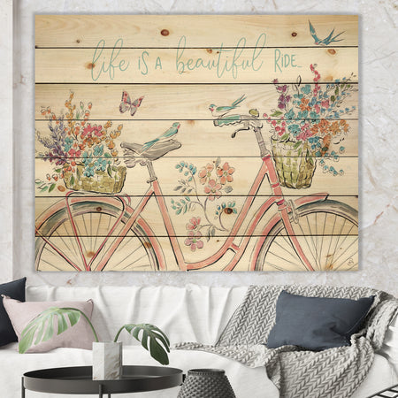 Spring Bike Bouquet - French Country Print on Natural Pine Wood