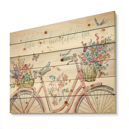 Spring Bike Bouquet - French Country Print on Natural Pine Wood