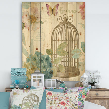 Vintage Floral Birdcage II - Traditional Print on Natural Pine Wood