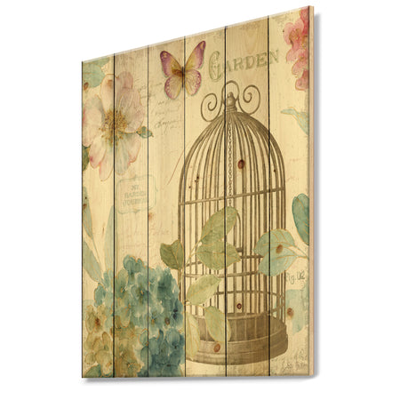 Vintage Floral Birdcage II - Traditional Print on Natural Pine Wood
