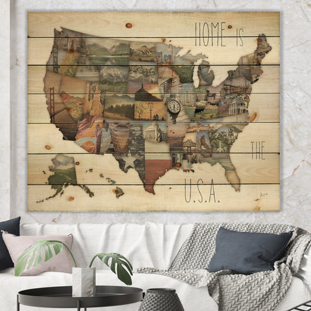 InstaStates Monuments Map - Map Print on Natural Pine Wood