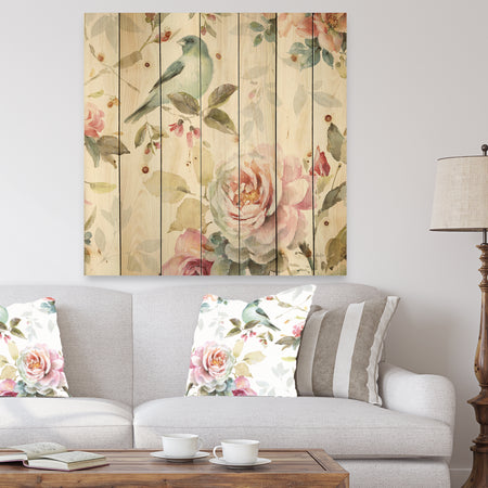 Beautiful Bird Romance II - Traditional Print on Natural Pine Wood