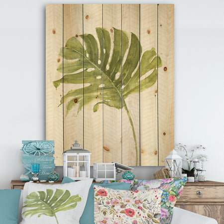 Mixed Botanical Green Leaves VII - Cottage Print on Natural Pine Wood
