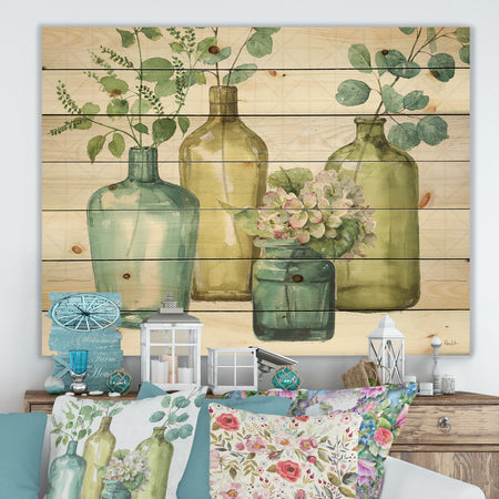 Mixed Botanical Green Leaves VIII - Cottage Print on Natural Pine Wood