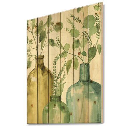 Mixed Botanical Green Leaves IX - Cottage Print on Natural Pine Wood