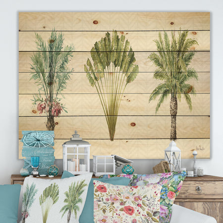 Mixed Botanical Greens palms II - Farmhouse Print on Natural Pine Wood