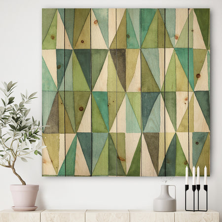 geometric Green Triangle III - Mid-Century Modern Transitional Print on Natural Pine Wood